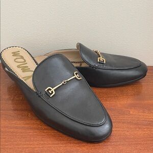 Sam Edelman Black Leather Slip-On Loafers with Gold Accent